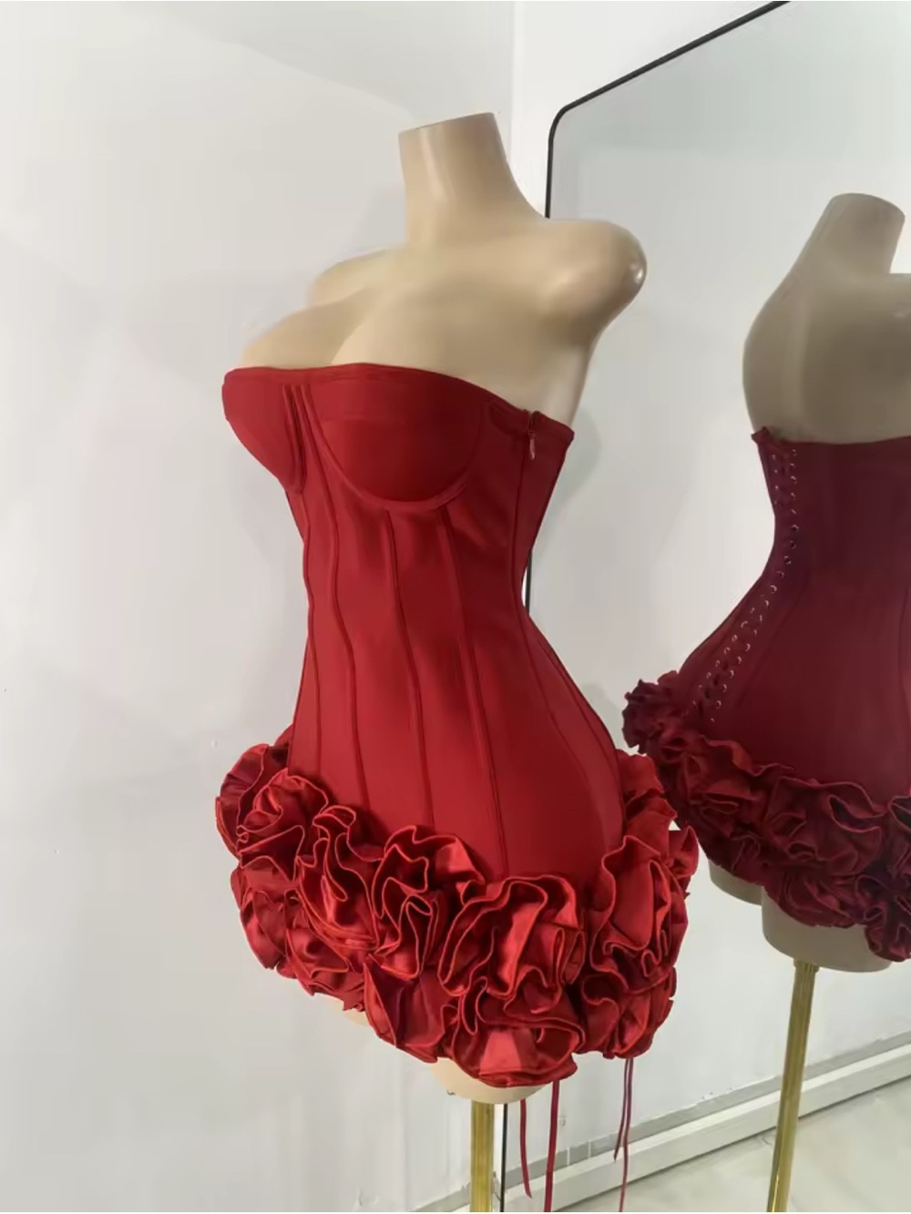 Red Strapless Ruffle Hem Corset Dress